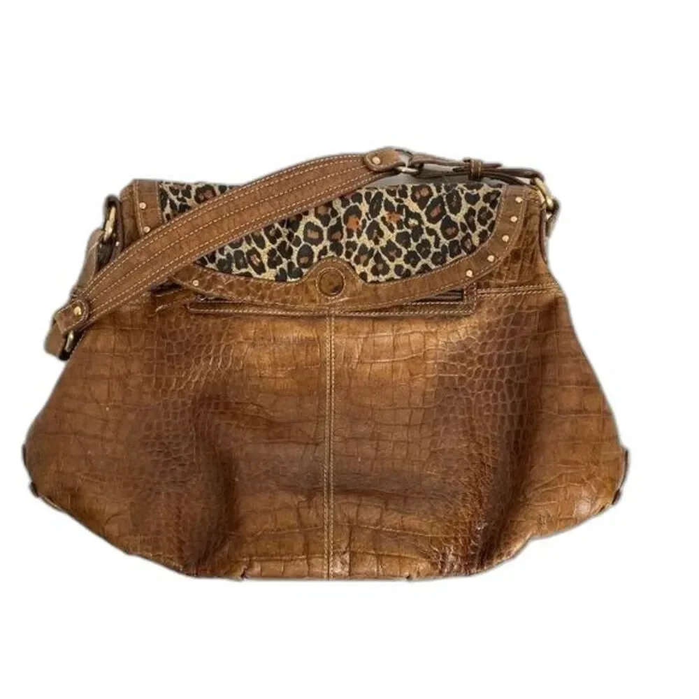 MAXX New York Women's Croc / Leather Jaguar Lining Adj Shoulder Bag Brown GC